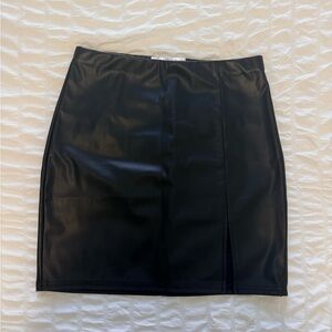 Black Faux Leather Mini Skirt with Front Slit
